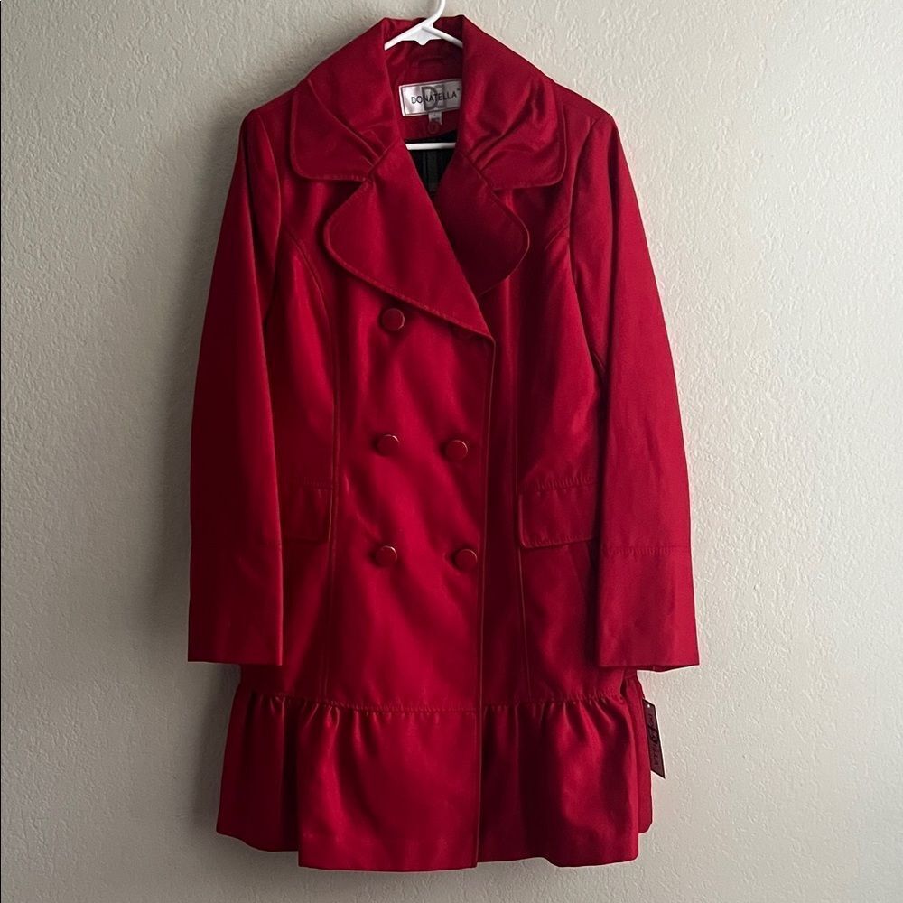 NWT DONATELLA  Vibrant Red Trench Coat Double Breasted Ruffle Hem in Size L
